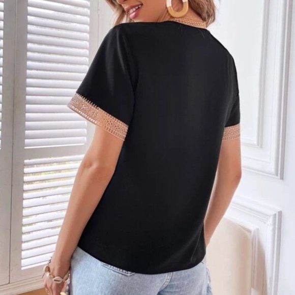 Bohemian V-neck Lace Solid Minimalist Blouse BlacK - Picture 3 of 6